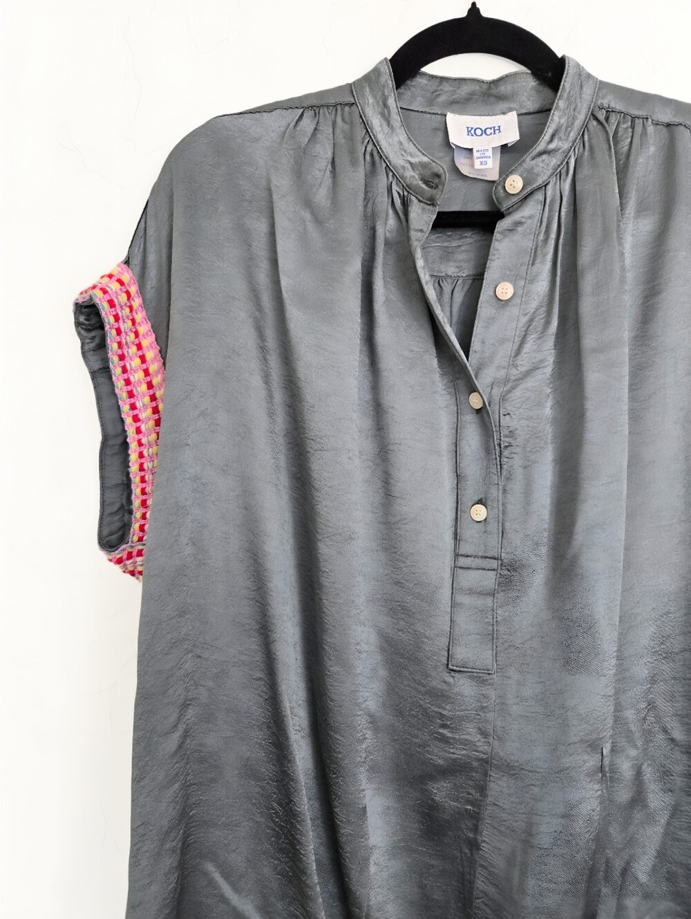 Koch Metallic Shimmer Charcoal Gray Embroidered Sleeve Top, XS